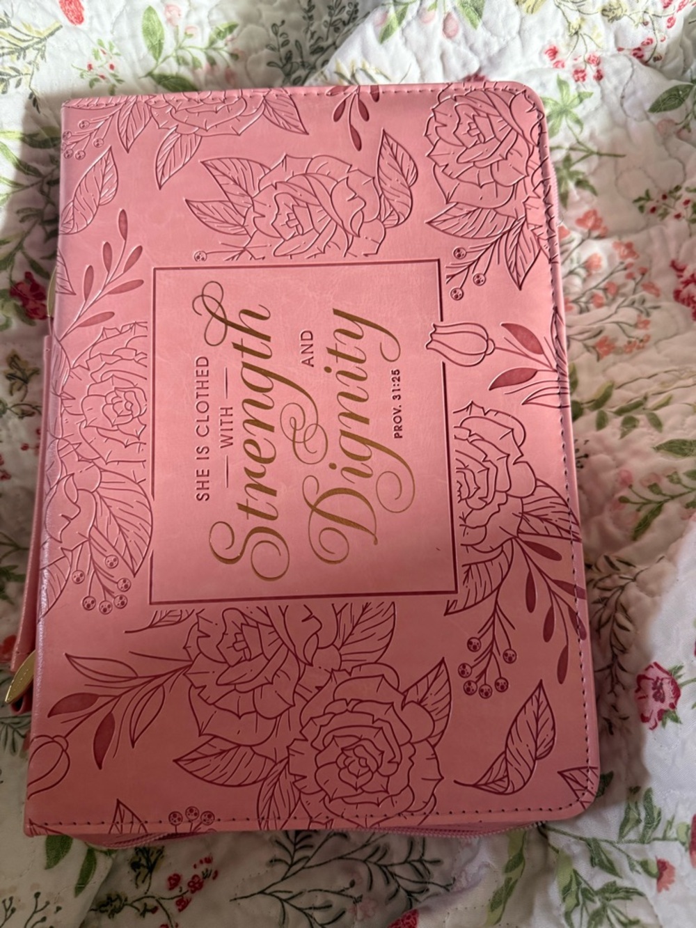 Pink Floral "Strength and Dignity" Zippered Bible Cover